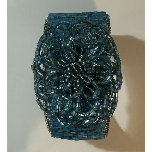 Vintage Turquoise Beaded Flower Cuff Bracelet Wide Wire Wrapped Statement - Picture 4 of 6